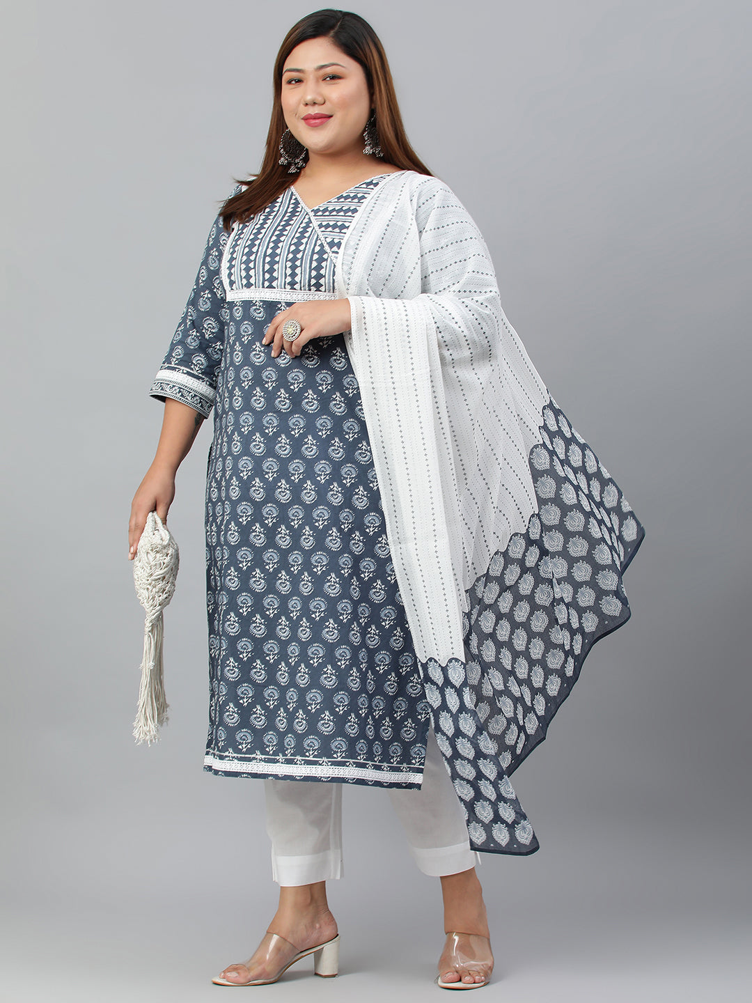 Janasya XL LOVE by Janasya Women's Plus Size Blue Cotton Kurta With Pant and Dupatta