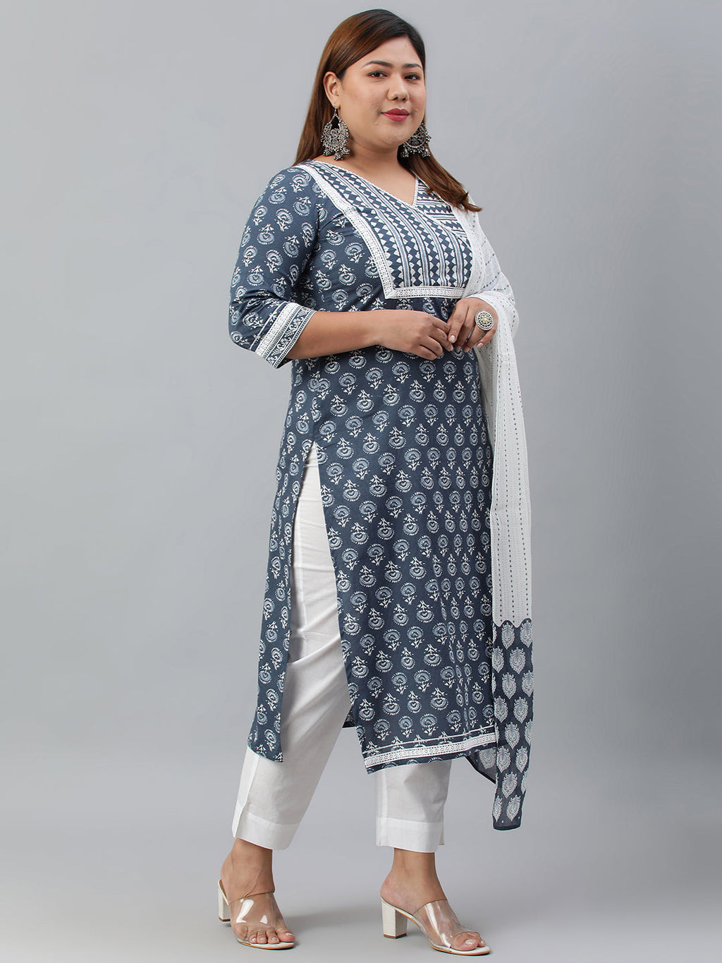 Janasya XL LOVE by Janasya Women's Plus Size Blue Cotton Kurta With Pant and Dupatta