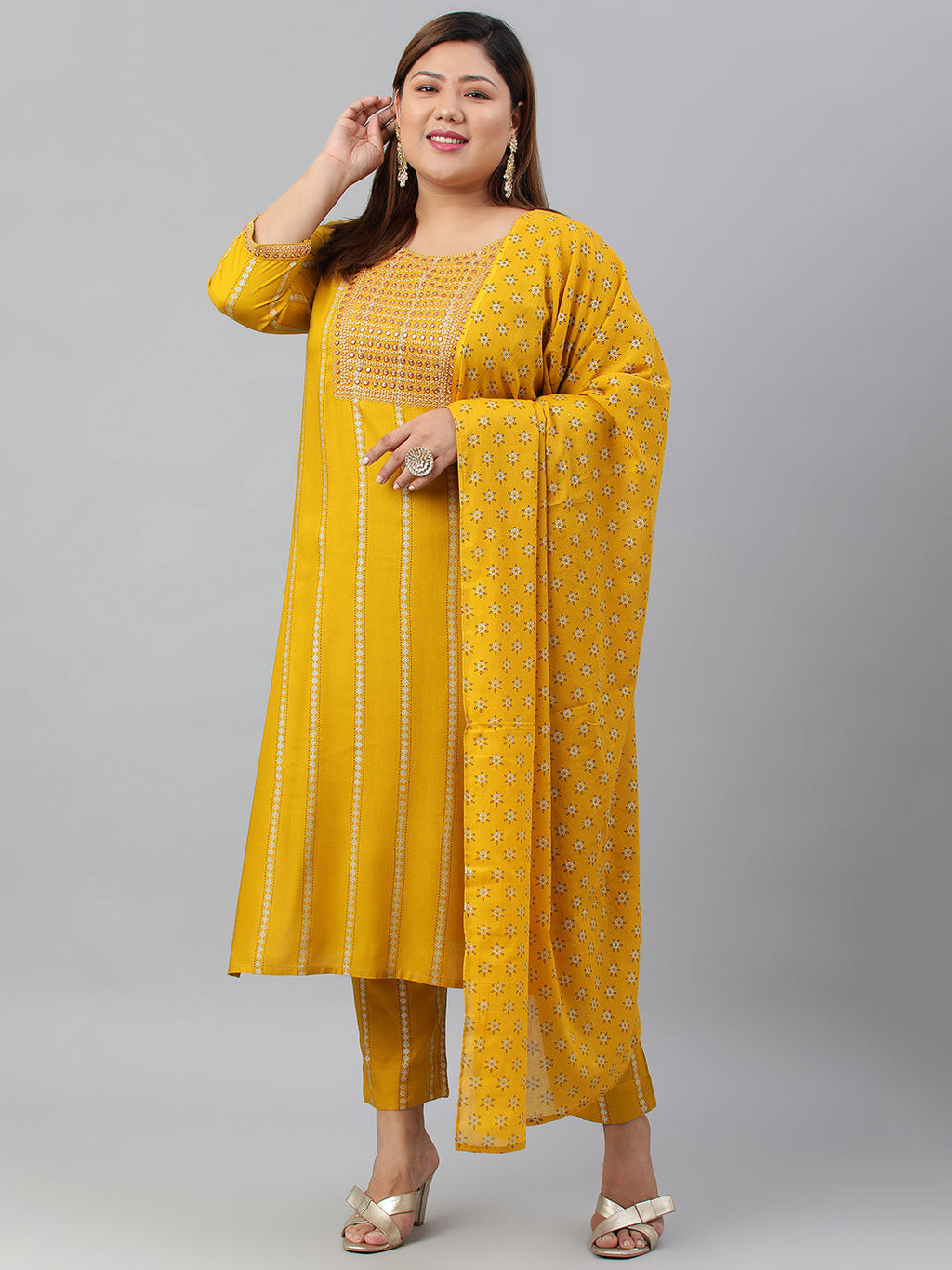 Janasya XL LOVE by Janasya Women's Plus Size Mustard Rayon Kurta With Pant and Dupatta