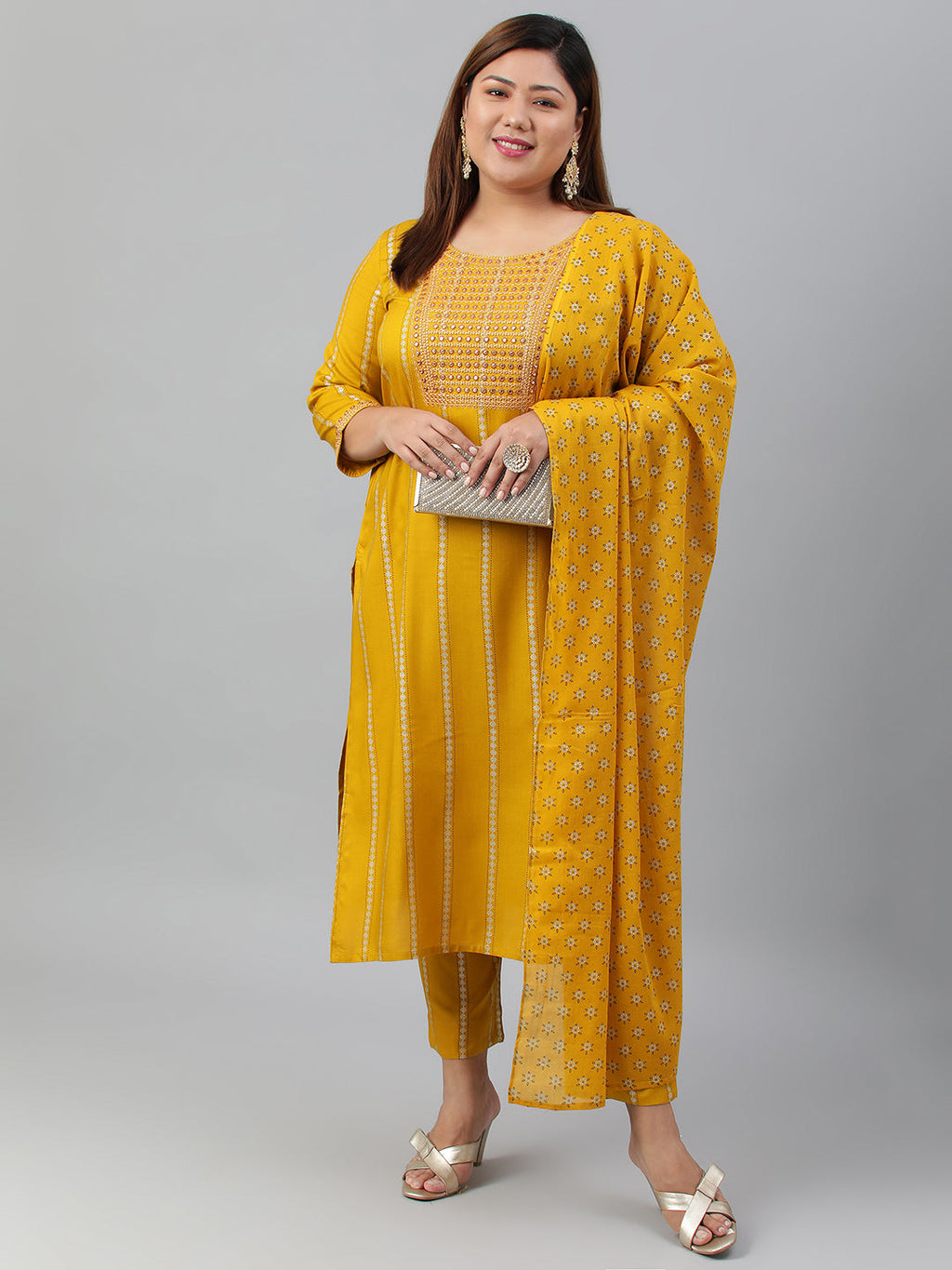 Janasya XL LOVE by Janasya Women's Plus Size Mustard Rayon Kurta With Pant and Dupatta