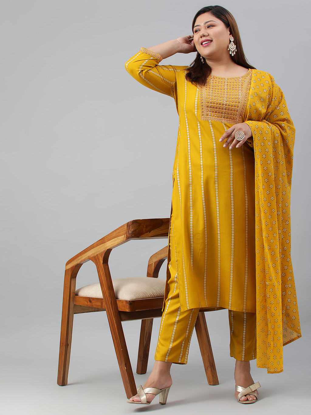 Janasya XL LOVE by Janasya Women's Plus Size Mustard Rayon Kurta With Pant and Dupatta