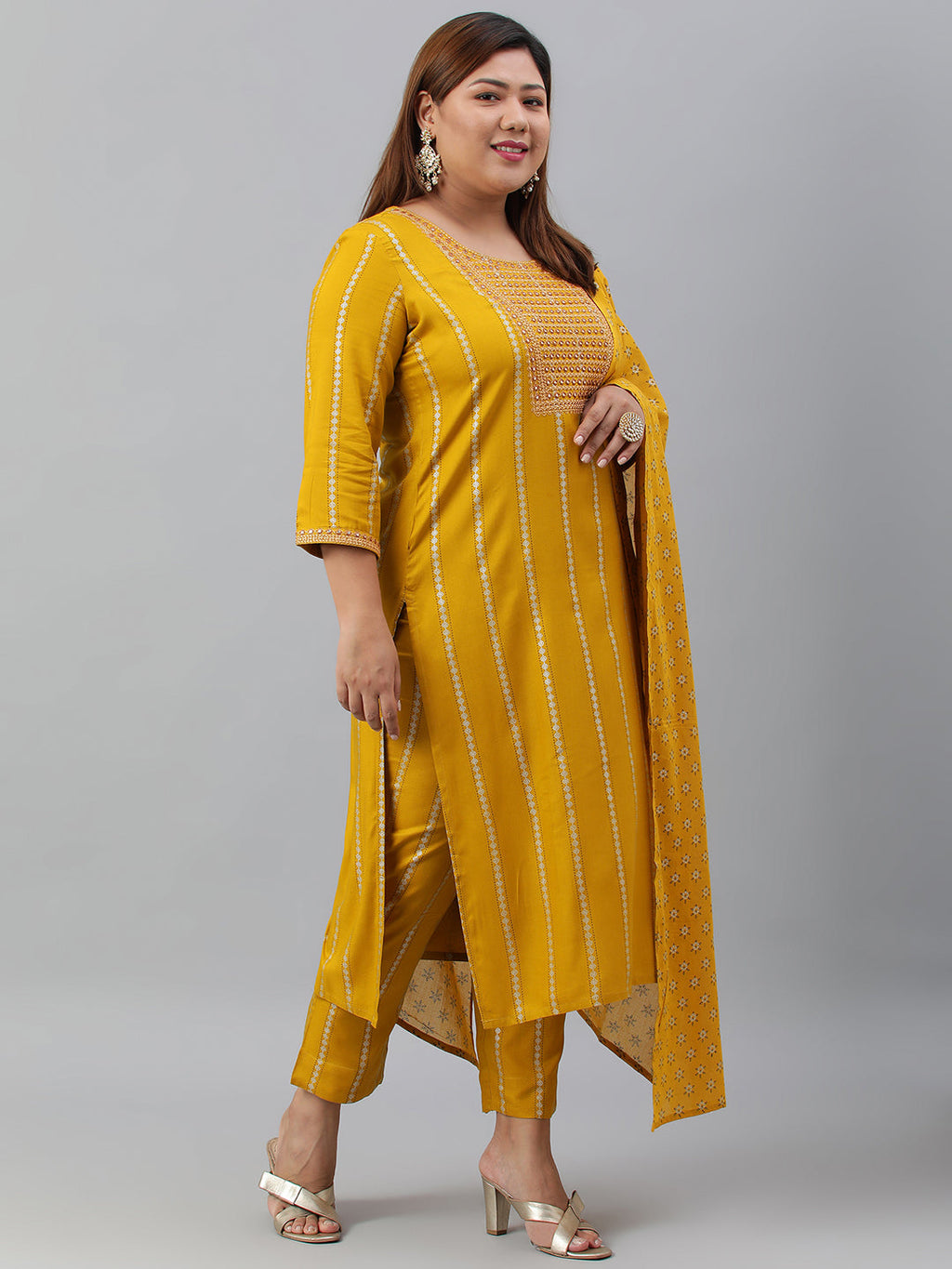 Janasya XL LOVE by Janasya Women's Plus Size Mustard Rayon Kurta With Pant and Dupatta