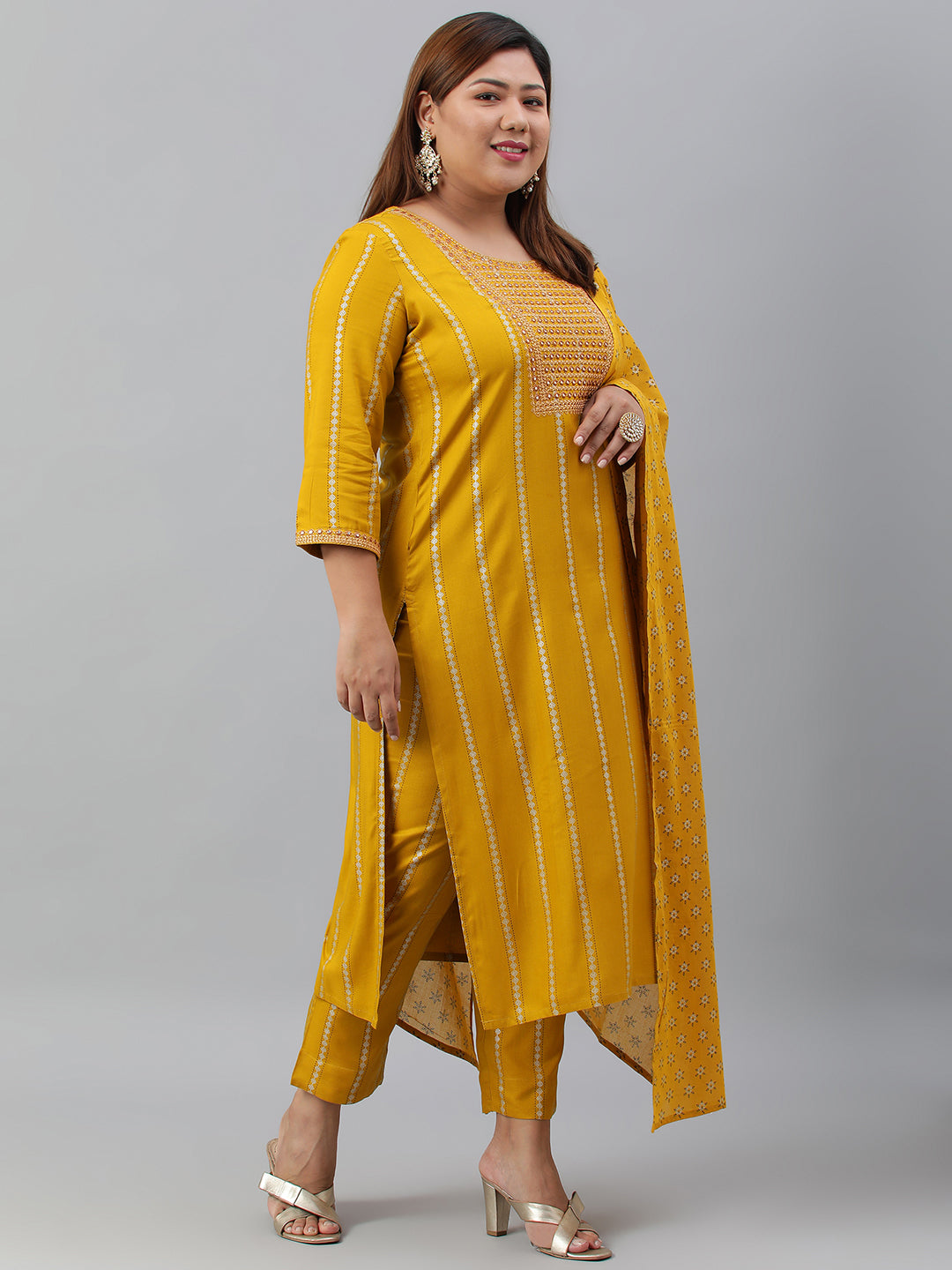 Janasya XL LOVE by Janasya Women's Plus Size Mustard Rayon Kurta With Pant and Dupatta