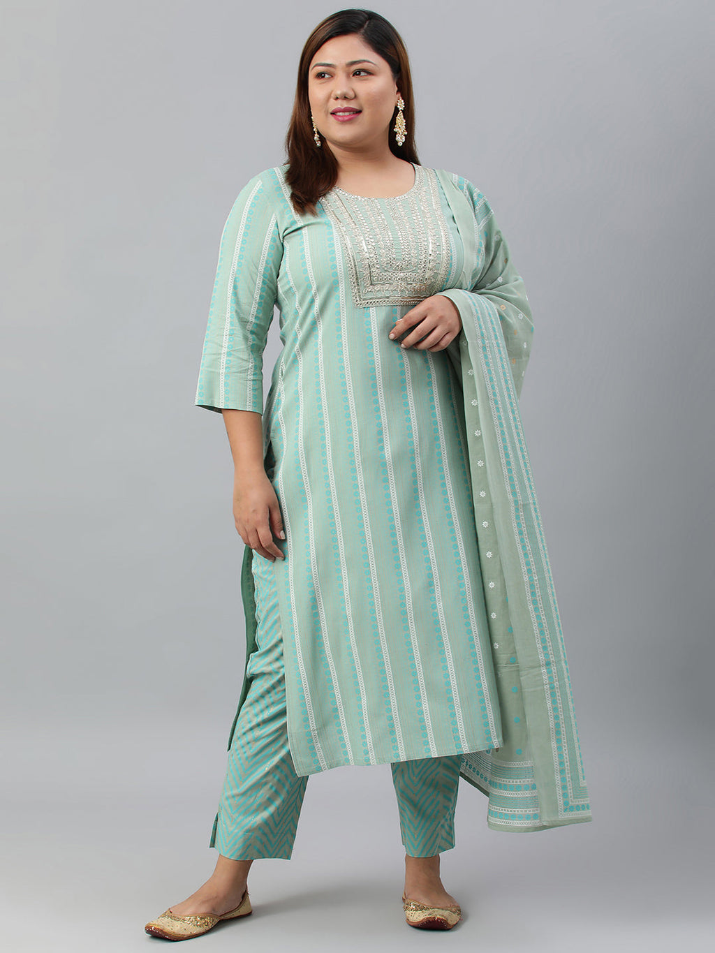 Janasya XL LOVE by Janasya Women's Plus Size Mint Green Rayon Kurta With Pant and Dupatta