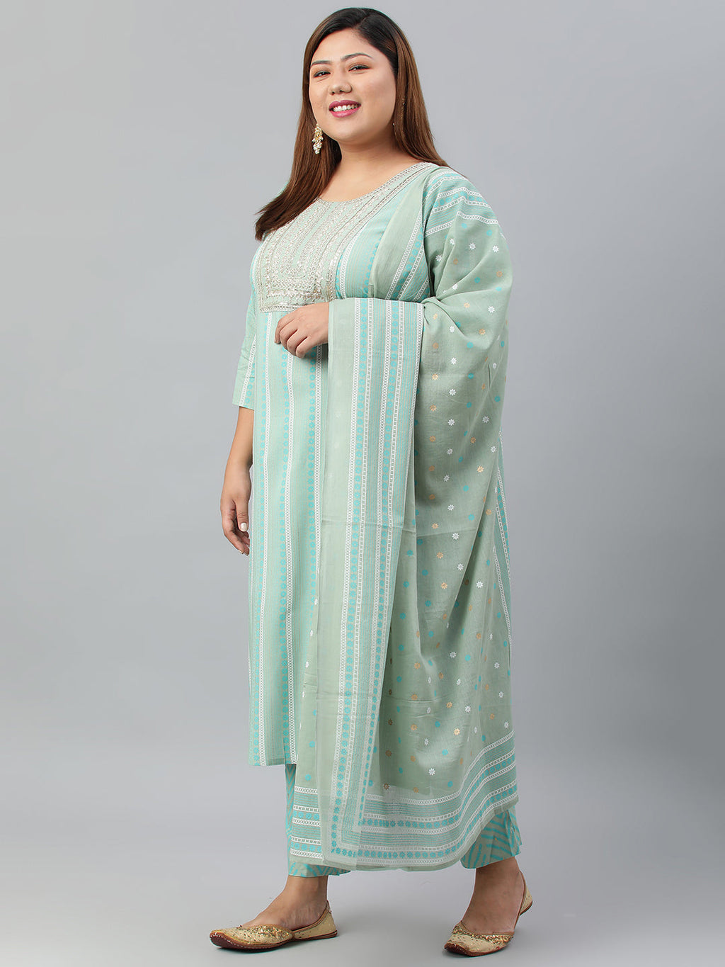 Janasya XL LOVE by Janasya Women's Plus Size Mint Green Rayon Kurta With Pant and Dupatta