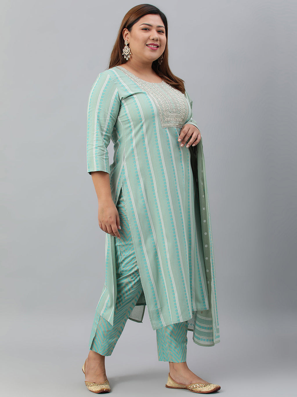 Janasya XL LOVE by Janasya Women's Plus Size Mint Green Rayon Kurta With Pant and Dupatta