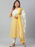 Janasya XL LOVE by Janasya Women's Plus Size Yellow Cotton Kurta With Pants and Dupatta