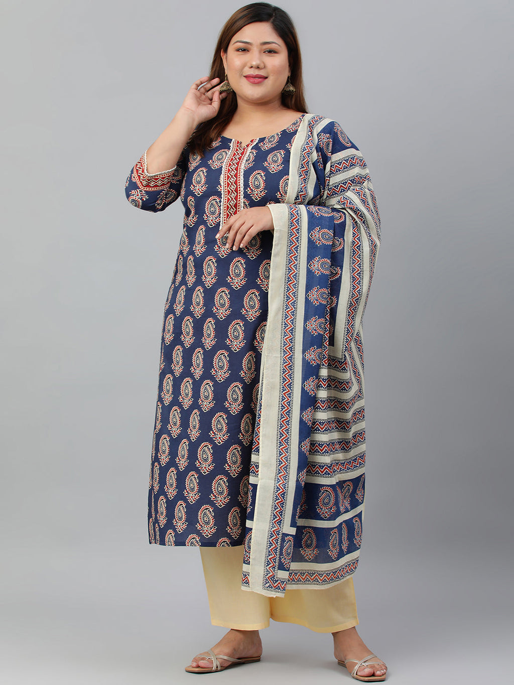 Janasya XL LOVE by Janasya Women's Plus Size Indigo Cotton Kurta With Palazzo and Dupatta