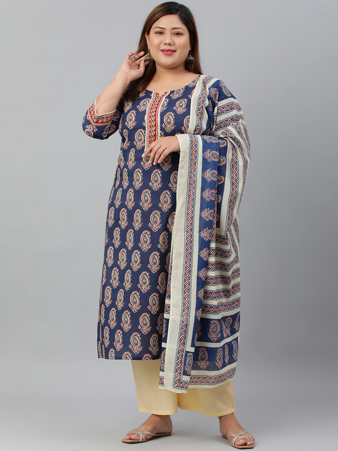 Janasya XL LOVE by Janasya Women's Plus Size Indigo Cotton Kurta With Palazzo and Dupatta