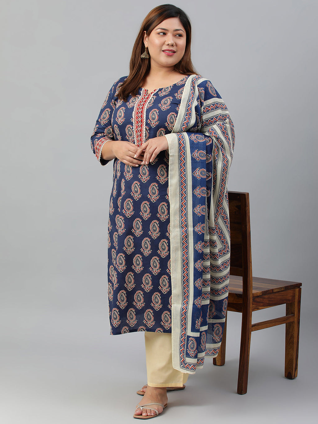 Janasya XL LOVE by Janasya Women's Plus Size Indigo Cotton Kurta With Palazzo and Dupatta