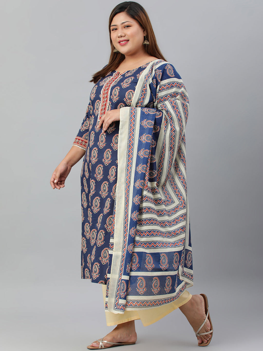 Janasya XL LOVE by Janasya Women's Plus Size Indigo Cotton Kurta With Palazzo and Dupatta