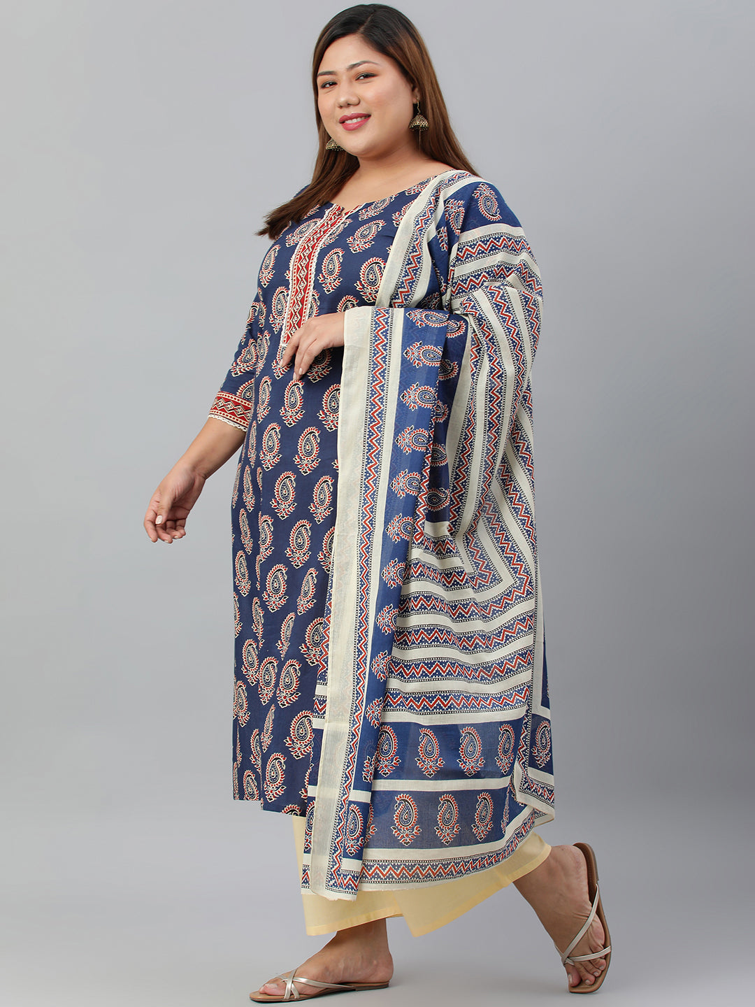 Janasya XL LOVE by Janasya Women's Plus Size Indigo Cotton Kurta With Palazzo and Dupatta