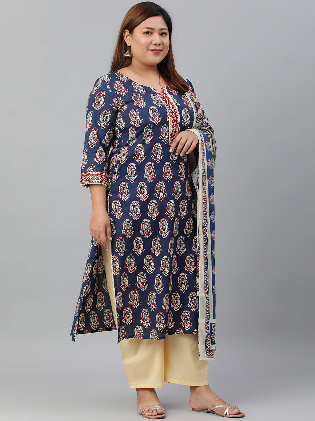 Janasya XL LOVE by Janasya Women's Plus Size Indigo Cotton Kurta With Palazzo and Dupatta
