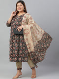 Janasya XL LOVE by Janasya Women's Plus Size Black Cotton Kurta With Pant and Dupatta