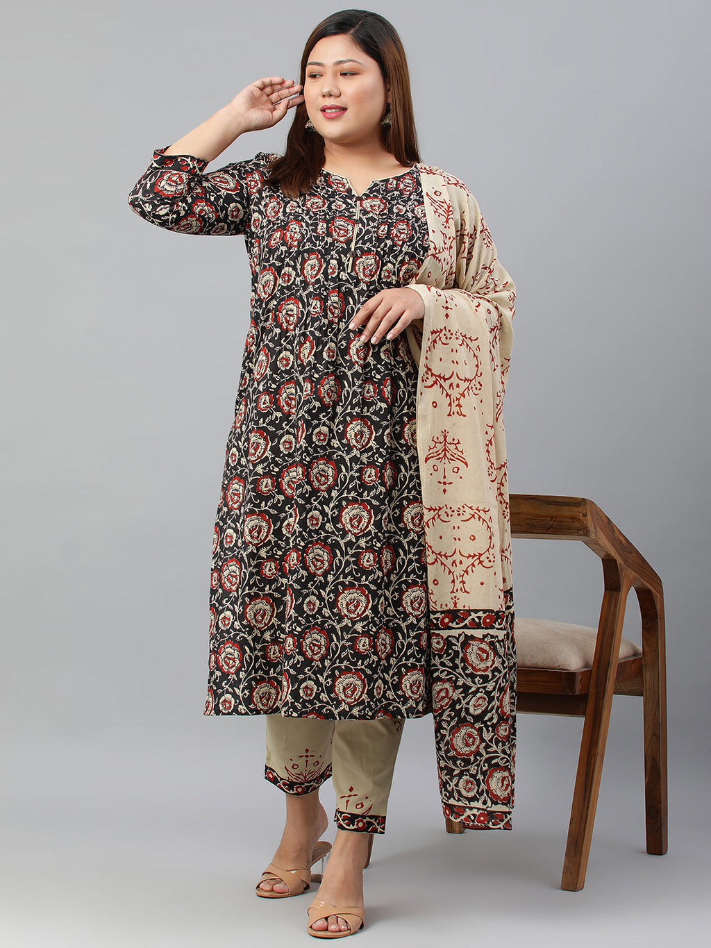 Janasya XL LOVE by Janasya Women's Plus Size Black Cotton Kurta With Pant and Dupatta