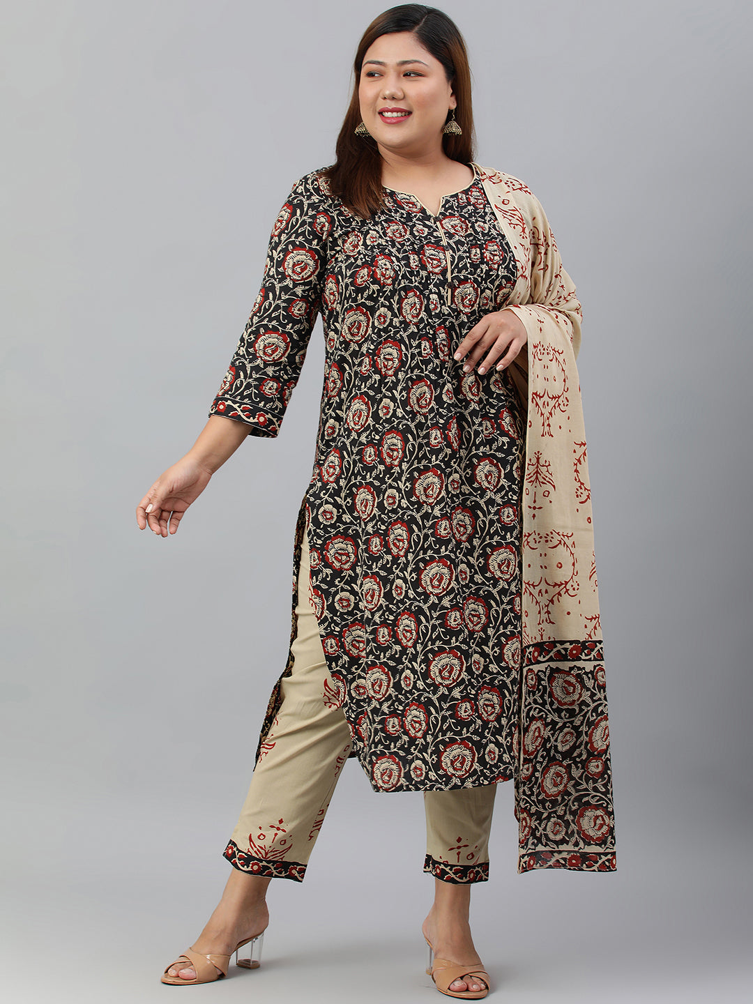 Janasya XL LOVE by Janasya Women's Plus Size Black Cotton Kurta With Pant and Dupatta
