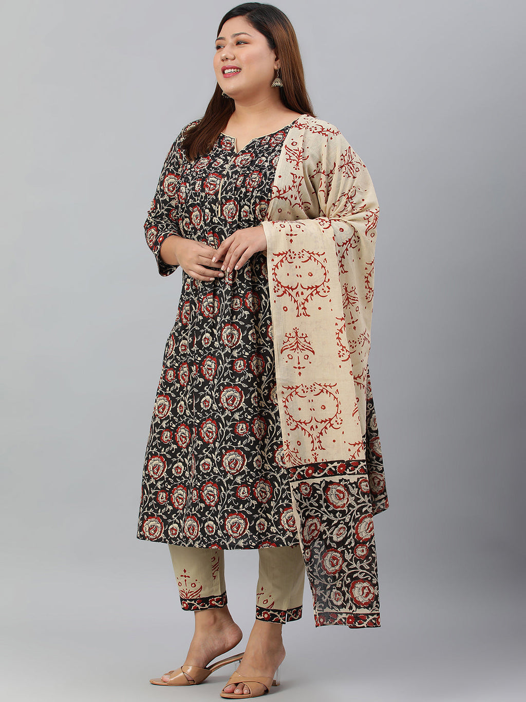 Janasya XL LOVE by Janasya Women's Plus Size Black Cotton Kurta With Pant and Dupatta