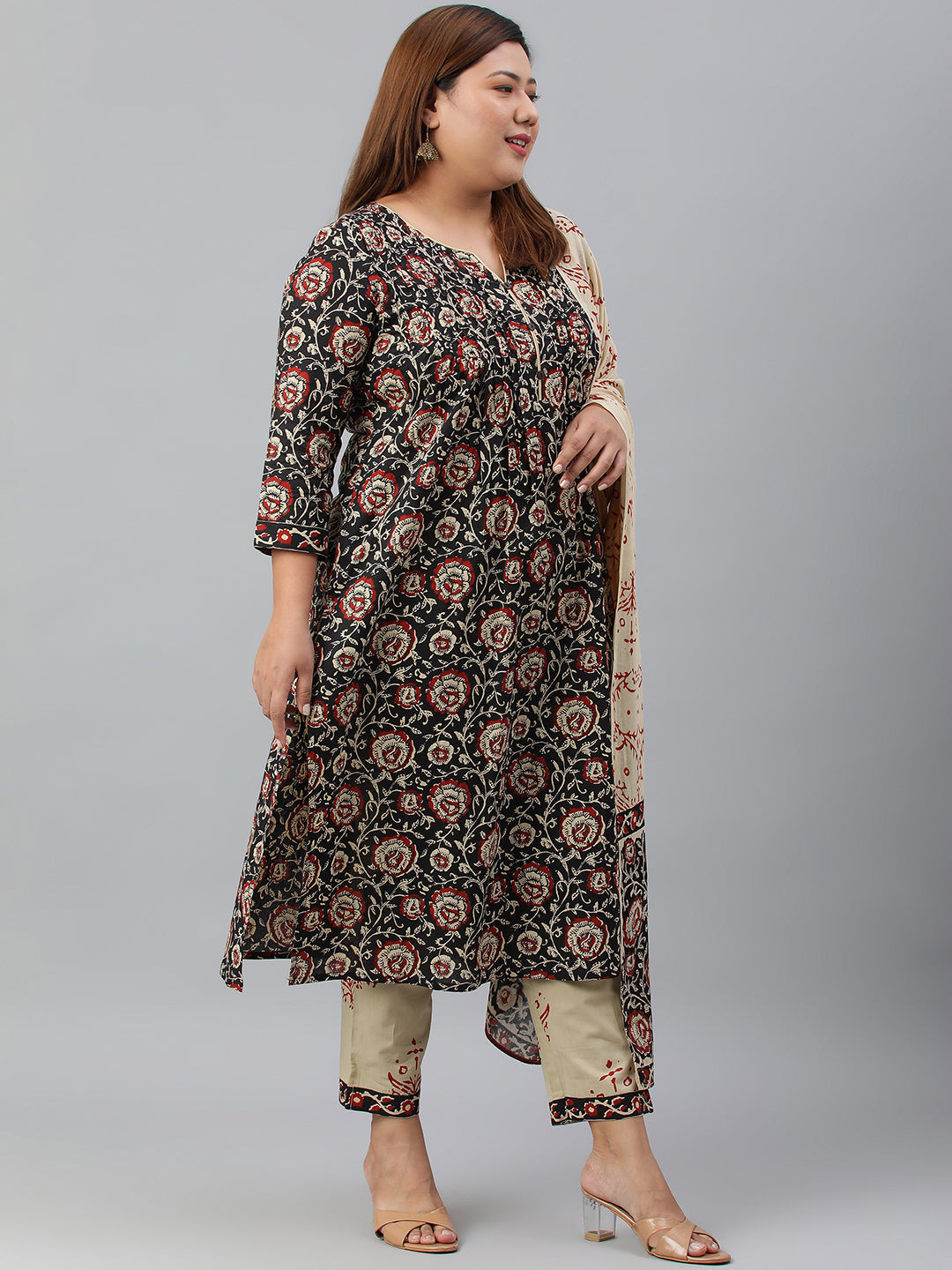 Janasya XL LOVE by Janasya Women's Plus Size Black Cotton Kurta With Pant and Dupatta