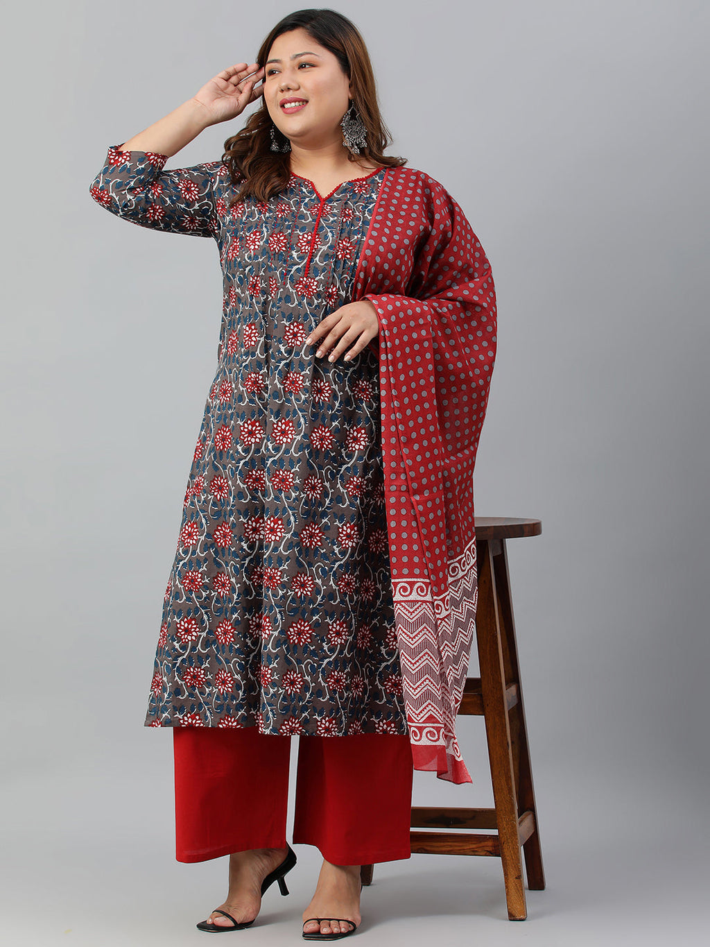 Janasya XL LOVE by Janasya Women's Plus Size Grey Cotton Kurta With Palazzo and Dupatta
