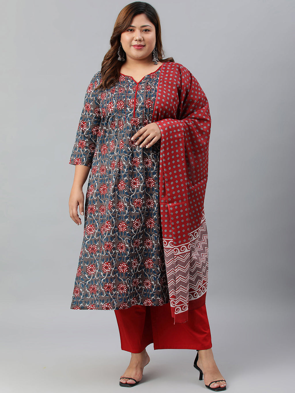 Janasya XL LOVE by Janasya Women's Plus Size Grey Cotton Kurta With Palazzo and Dupatta