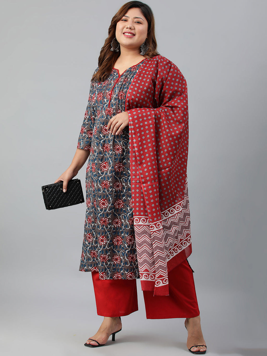 Janasya XL LOVE by Janasya Women's Plus Size Grey Cotton Kurta With Palazzo and Dupatta