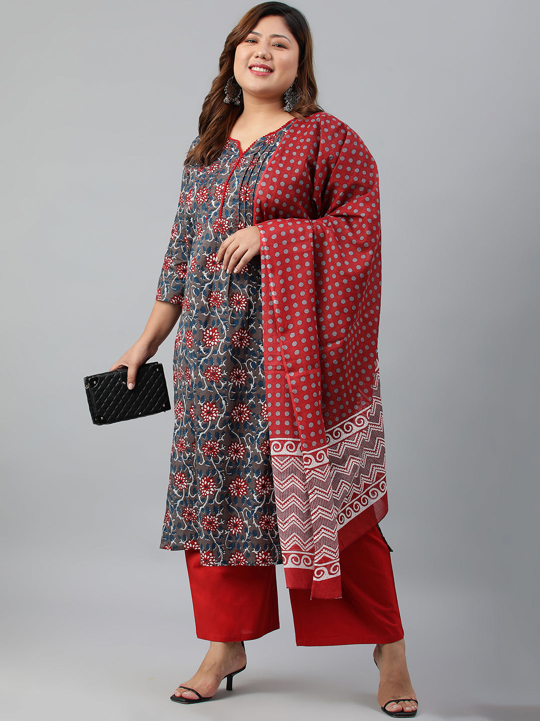 Janasya XL LOVE by Janasya Women's Plus Size Grey Cotton Kurta With Palazzo and Dupatta