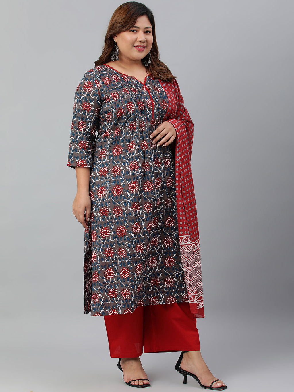 Janasya XL LOVE by Janasya Women's Plus Size Grey Cotton Kurta With Palazzo and Dupatta