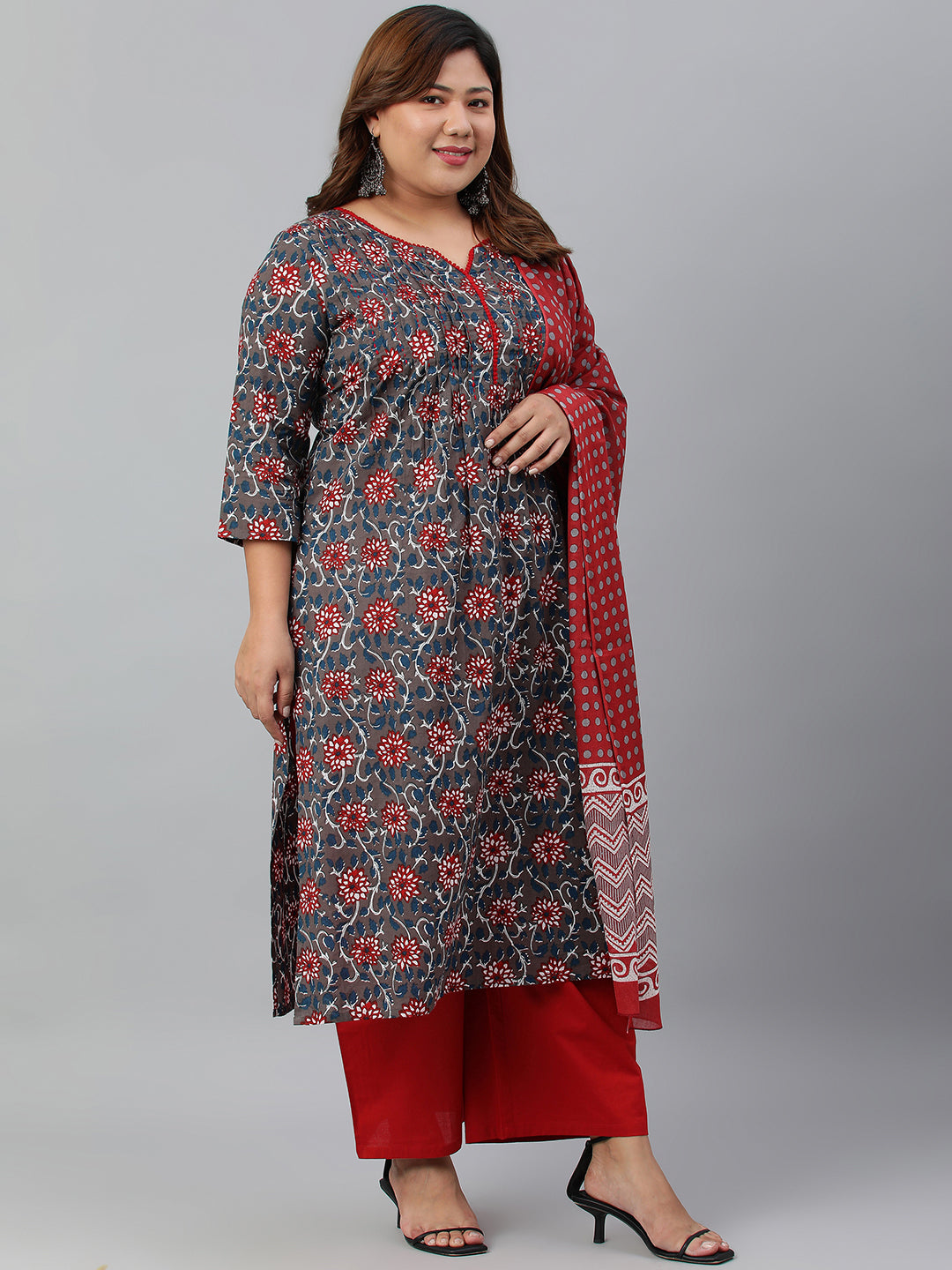 Janasya XL LOVE by Janasya Women's Plus Size Grey Cotton Kurta With Palazzo and Dupatta
