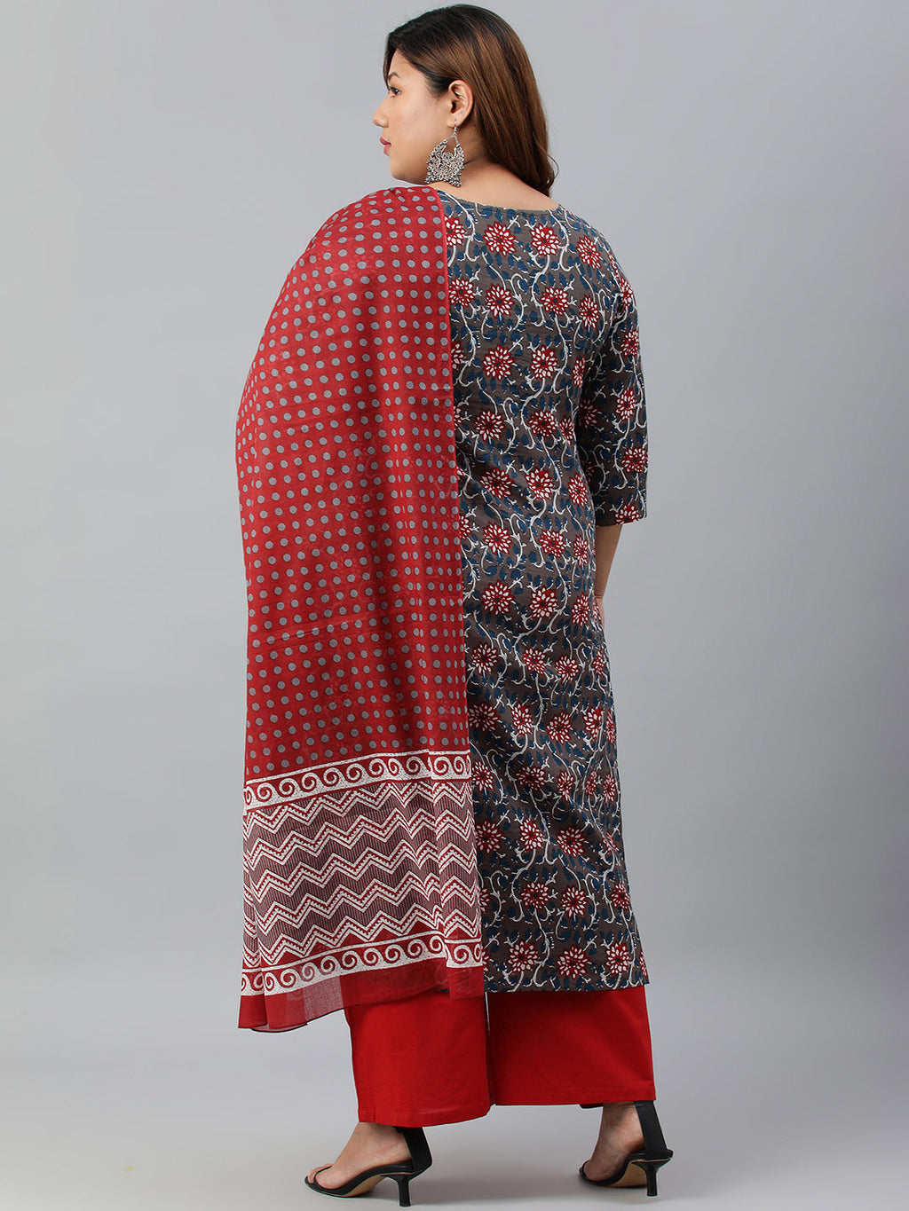 Janasya XL LOVE by Janasya Women's Plus Size Grey Cotton Kurta With Palazzo and Dupatta
