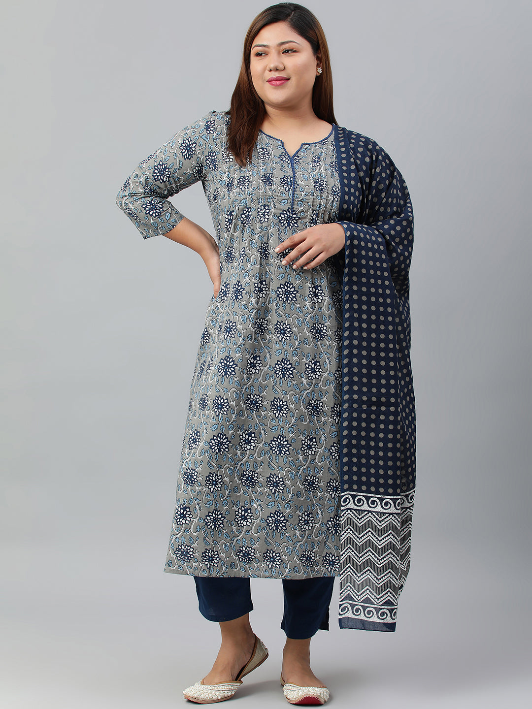 Janasya XL LOVE by Janasya Women's Plus Size Grey Cotton Kurta With Pant and Dupatta