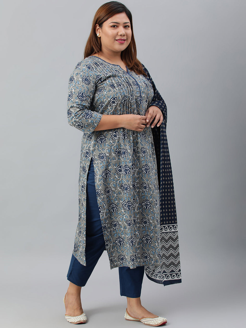 Janasya XL LOVE by Janasya Women's Plus Size Grey Cotton Kurta With Pant and Dupatta