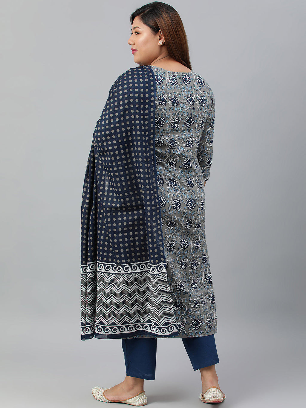 Janasya XL LOVE by Janasya Women's Plus Size Grey Cotton Kurta With Pant and Dupatta