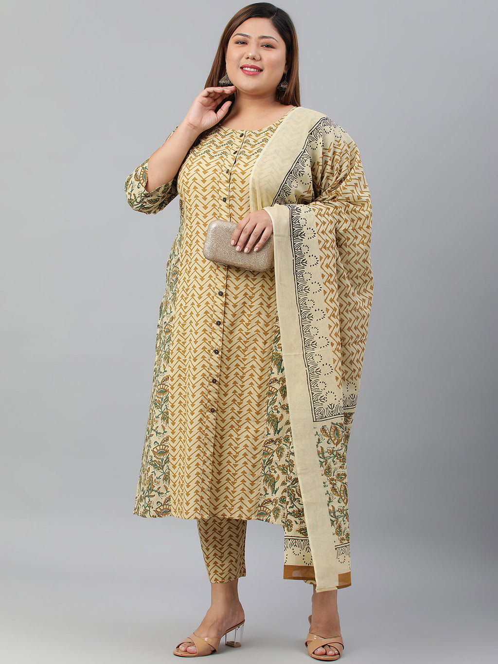 Janasya XL LOVE by Janasya Women's Plus Size Beige Cotton Kurta With Pant and Dupatta