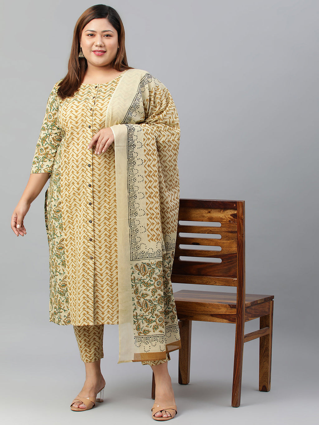 Janasya XL LOVE by Janasya Women's Plus Size Beige Cotton Kurta With Pant and Dupatta