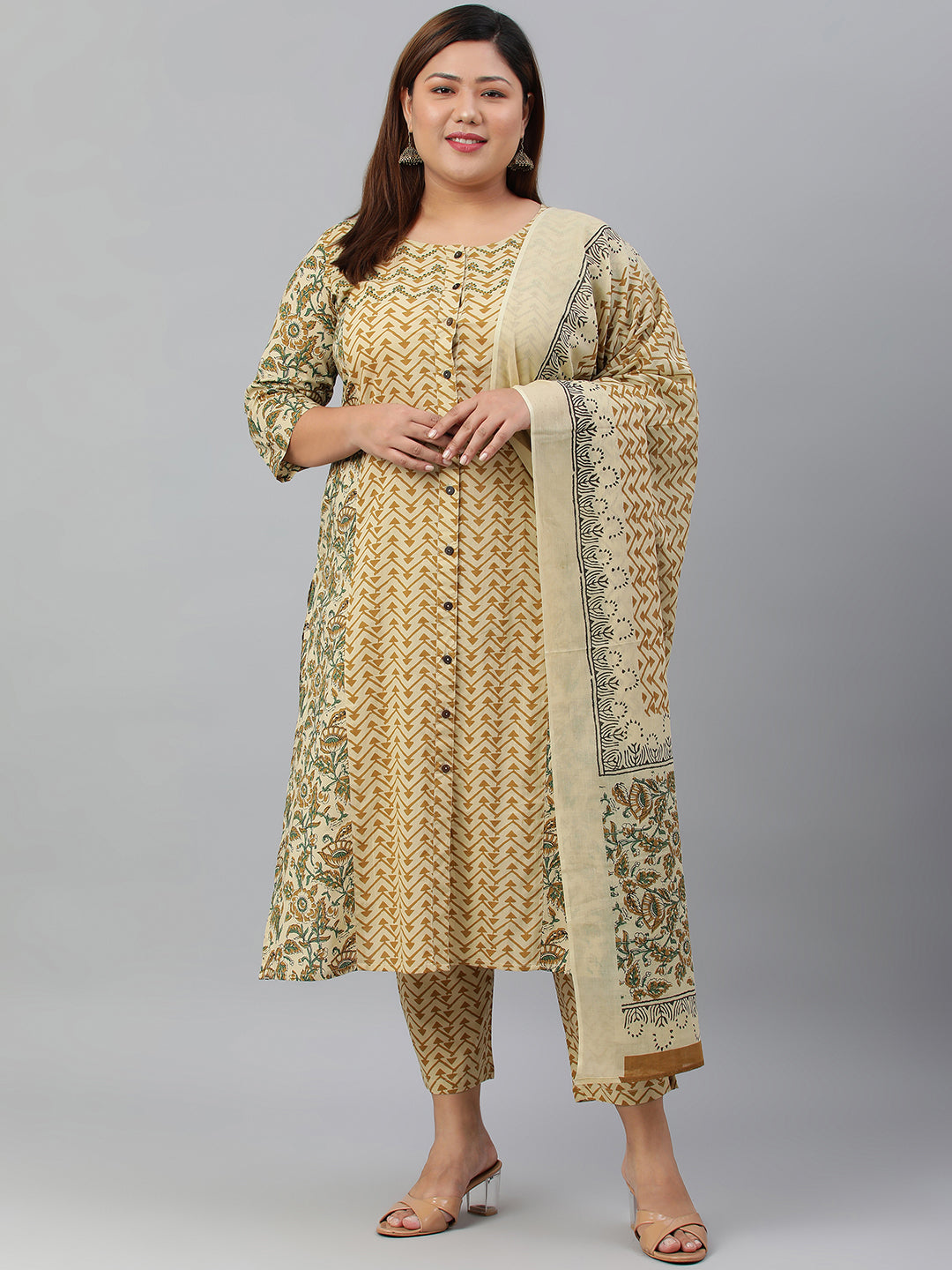 Janasya XL LOVE by Janasya Women's Plus Size Beige Cotton Kurta With Pant and Dupatta