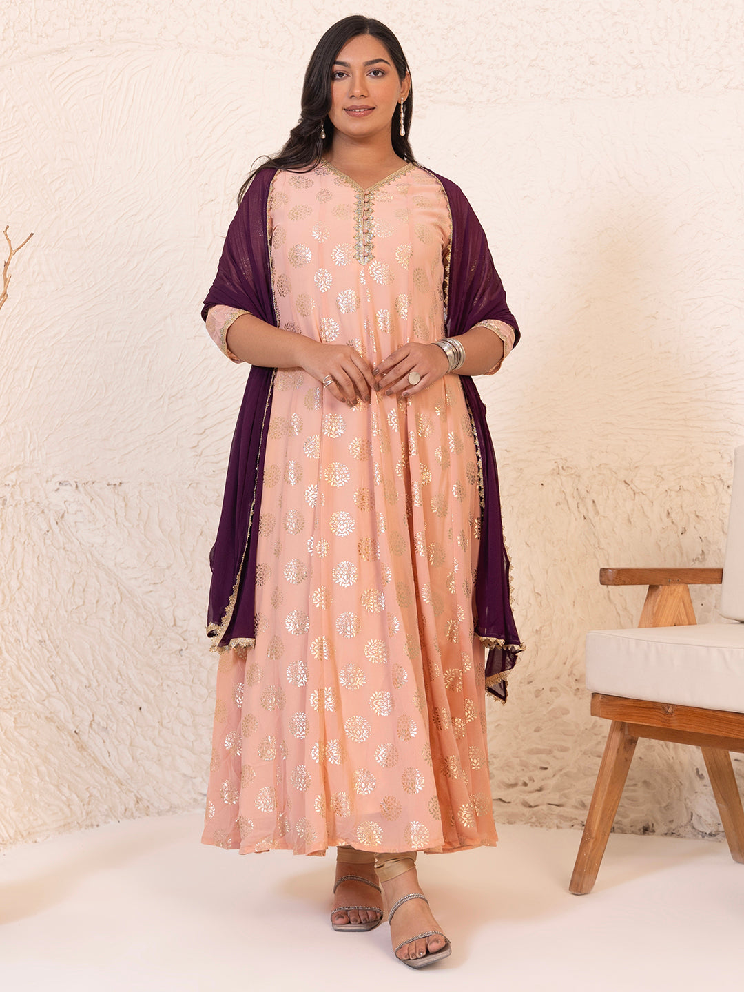 Janasya Peach Georgette Foil Printed Set