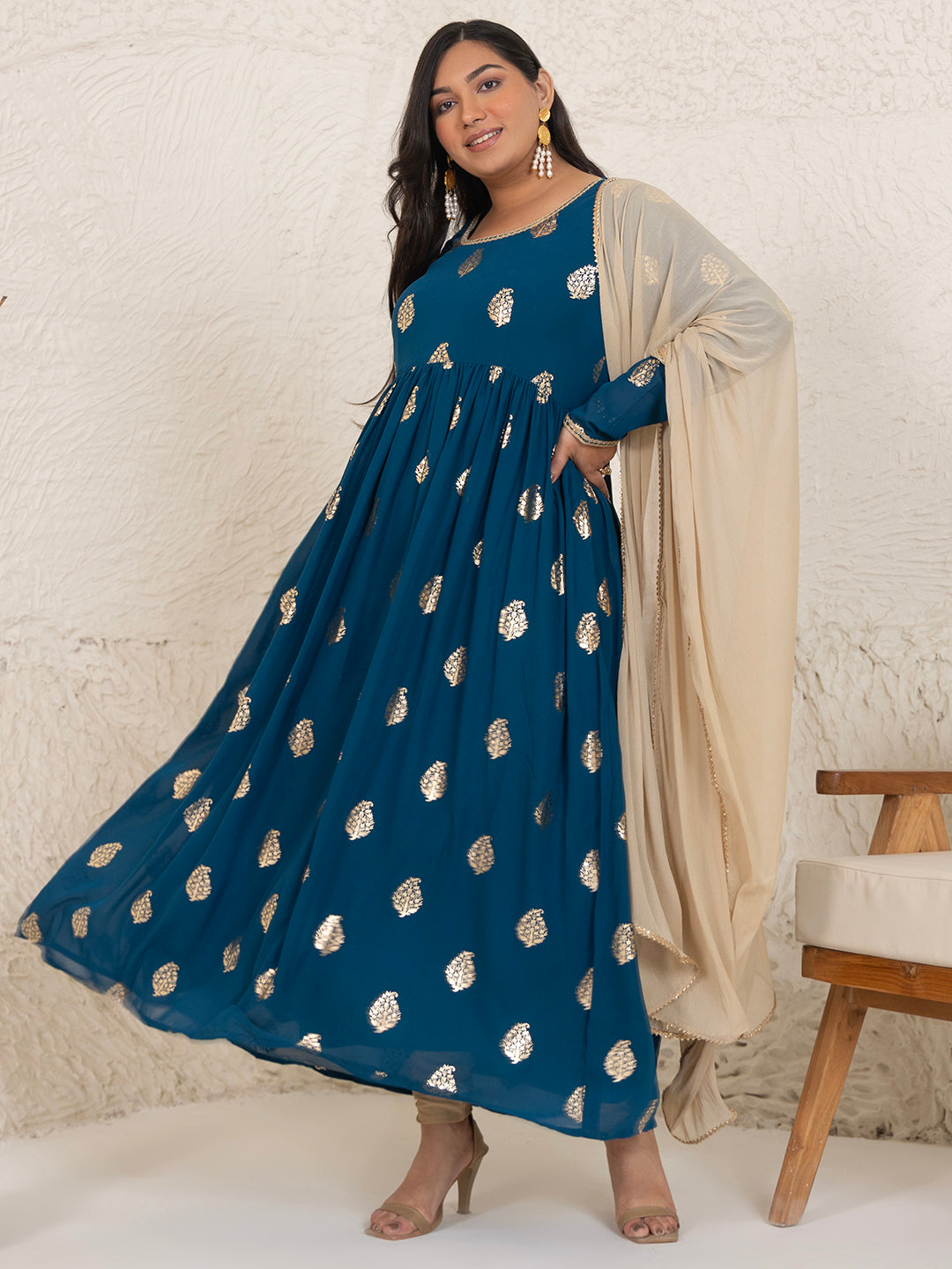 Janasya Teal Blue Georgette Foil Printed Set
