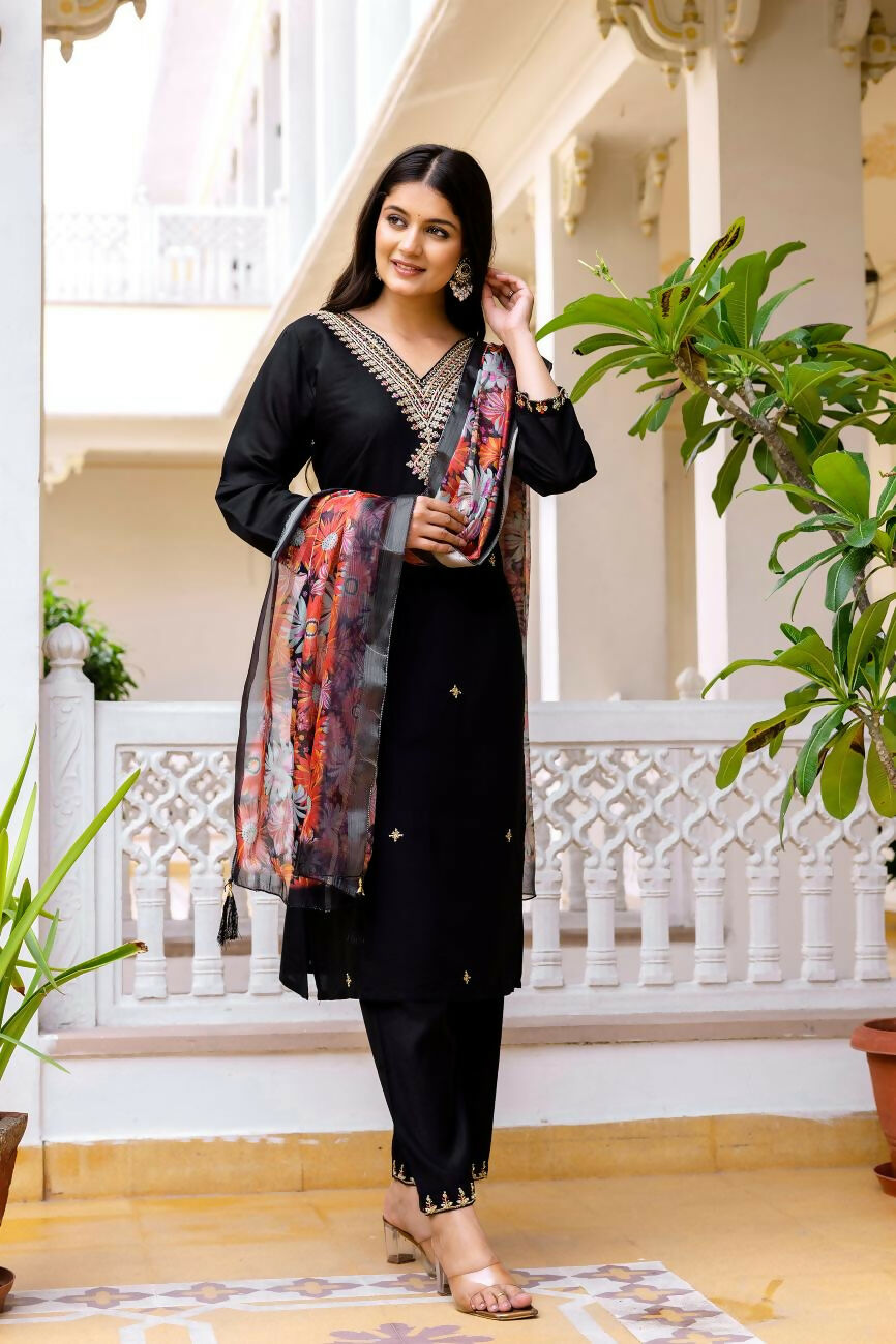 The52 Black Women's Beautiful Viscose Chanderi Fabric Embroidered Work Straight Kurta Pant and Dupatta Set