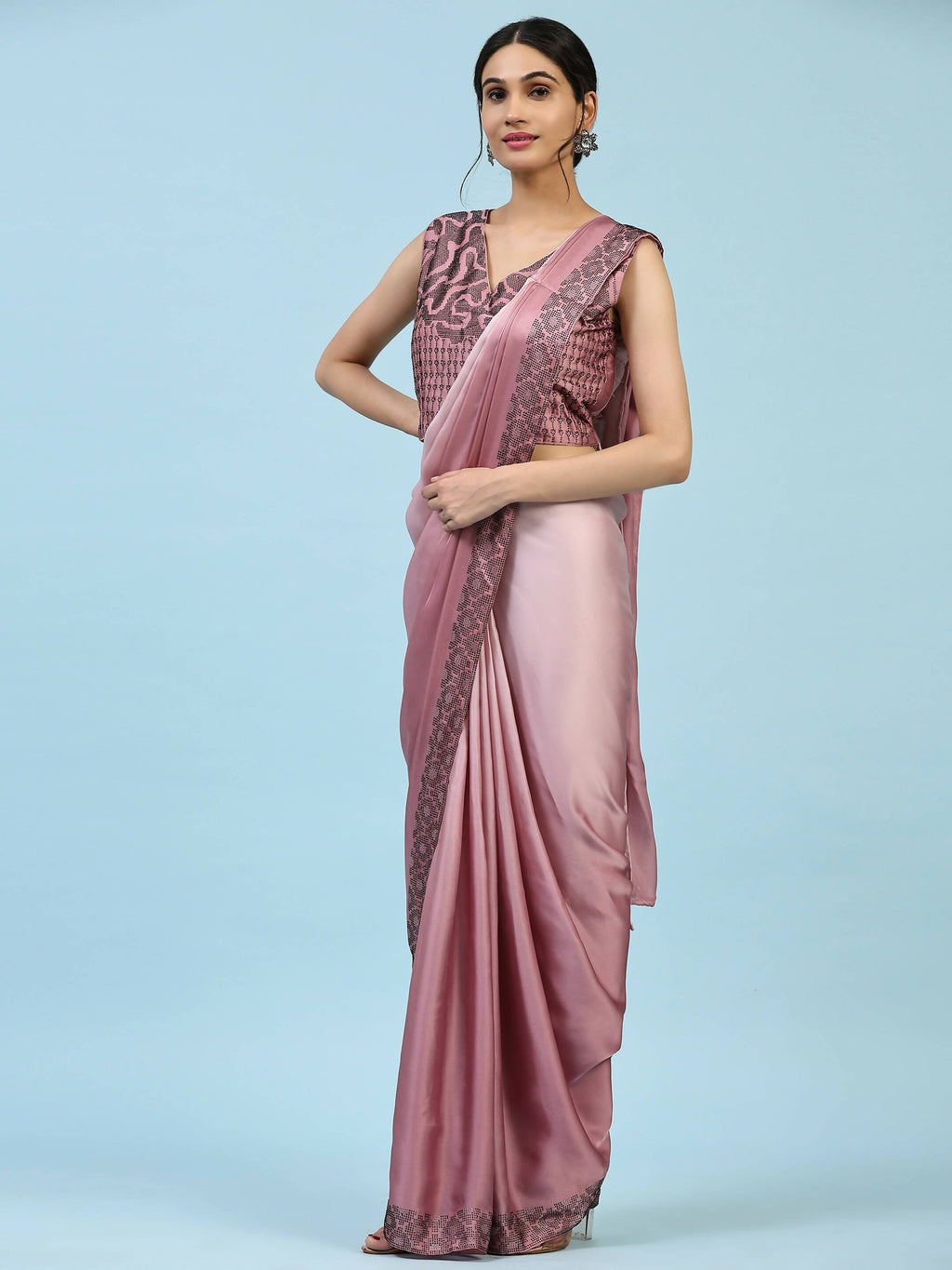 Purple Ombre Satin Georgette Plain Ready to wear Saree with stitched Blouse - Vrinda