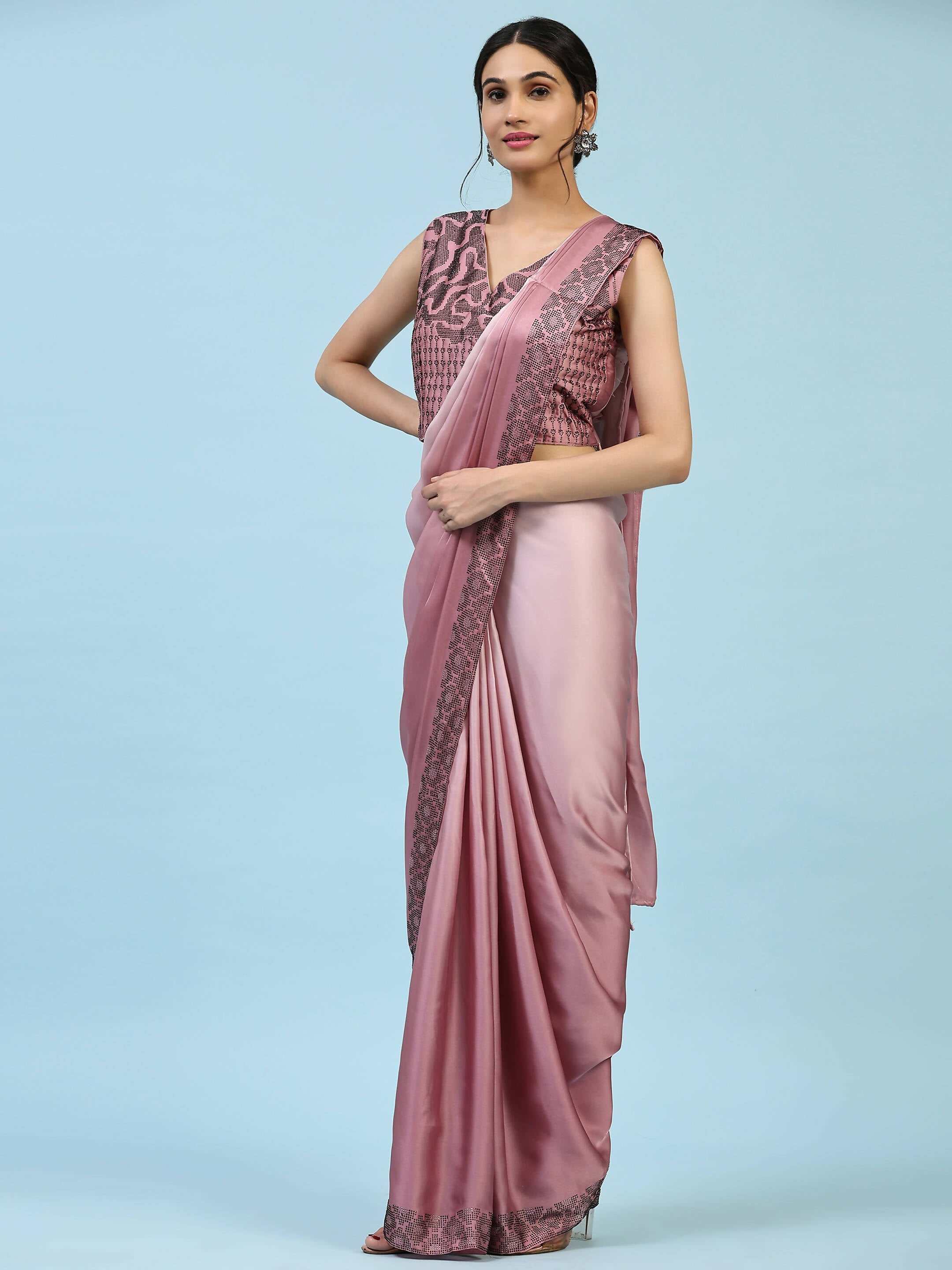 Purple Ombre Satin Georgette Plain Ready to wear Saree with stitched Blouse - Vrinda