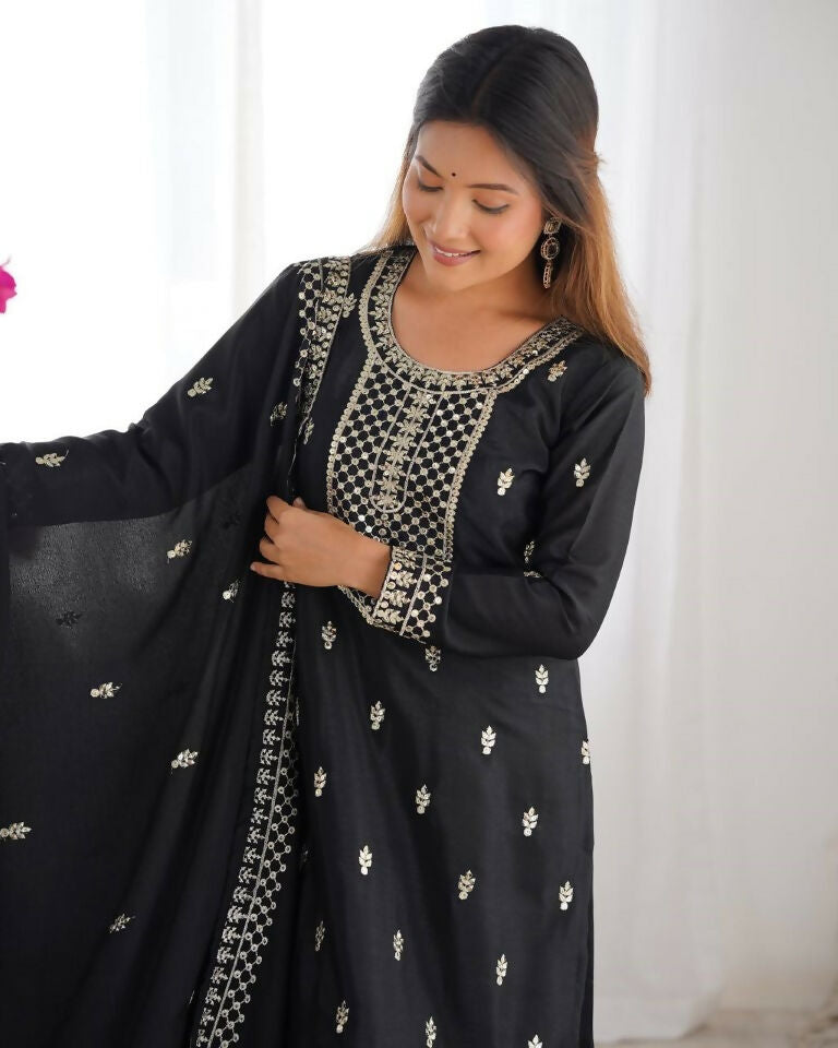 Teeya Creation Black Color Pure Chinnon Silk Embroidery Work Functional Wear Salwar Suit