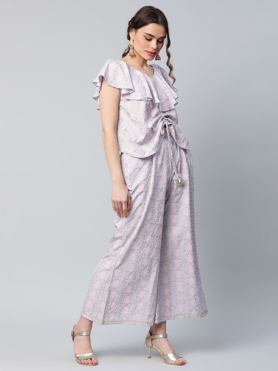 Ahalyaa Women Powder Blue Crepe Khari Printed Top with Palazzo Set