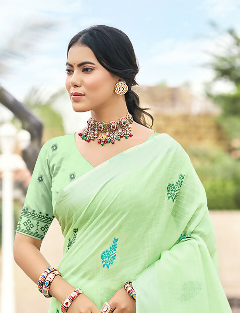 Sangam Prints Parrot Green Linen Woven Work Traditional Saree