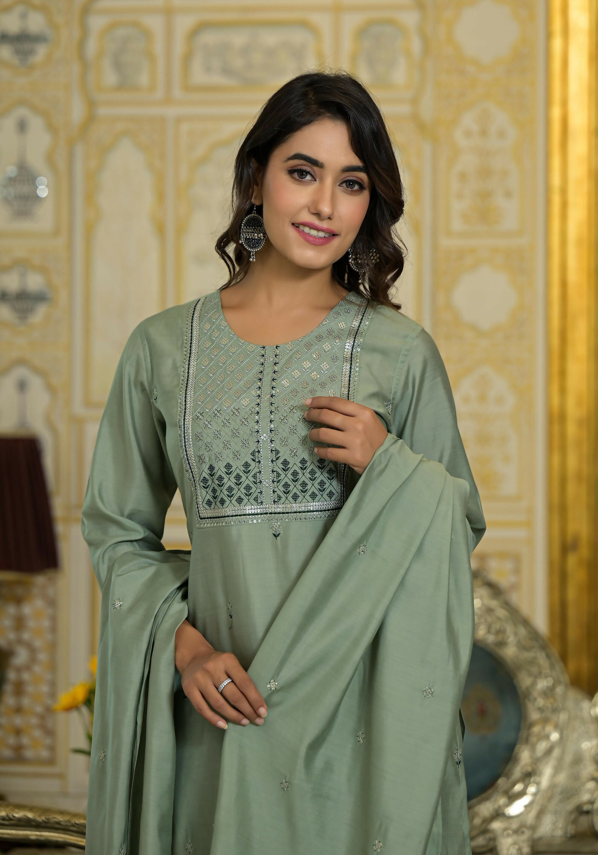 Juniper Women's Mint Viscose Zari & Thread Embroidered Kurta Pant And Dupatta Set With Sequins