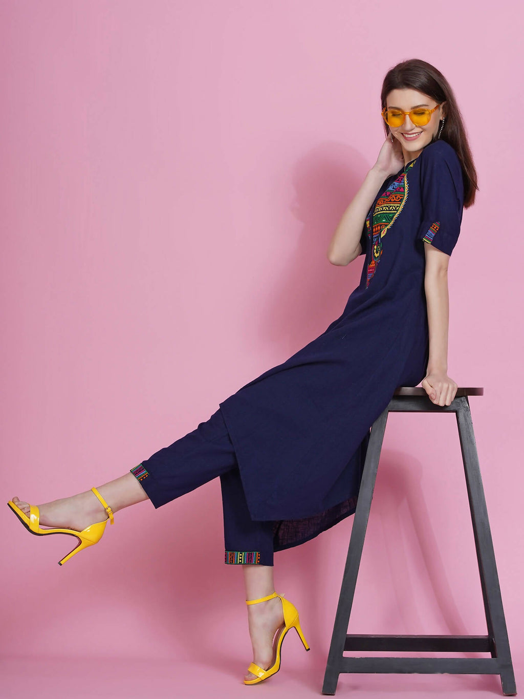 Women Republic Navy Blue Cotton Embroidered Kurta With Pants
