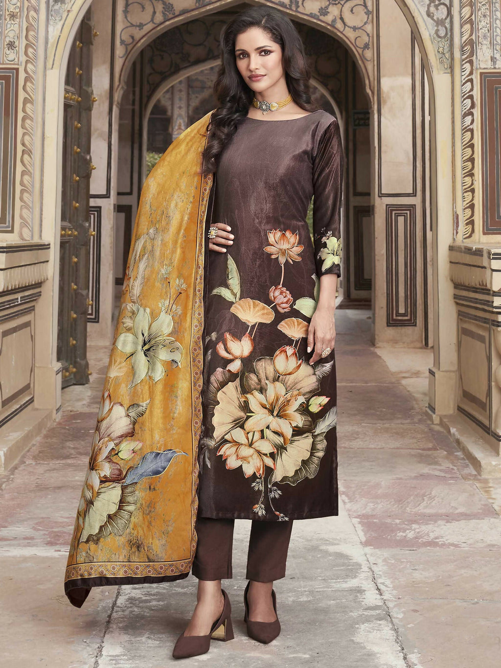 Jyoti Fashion Women's Brown Velvet Floral Digital Printed Kurta with Trouser & Dupatta