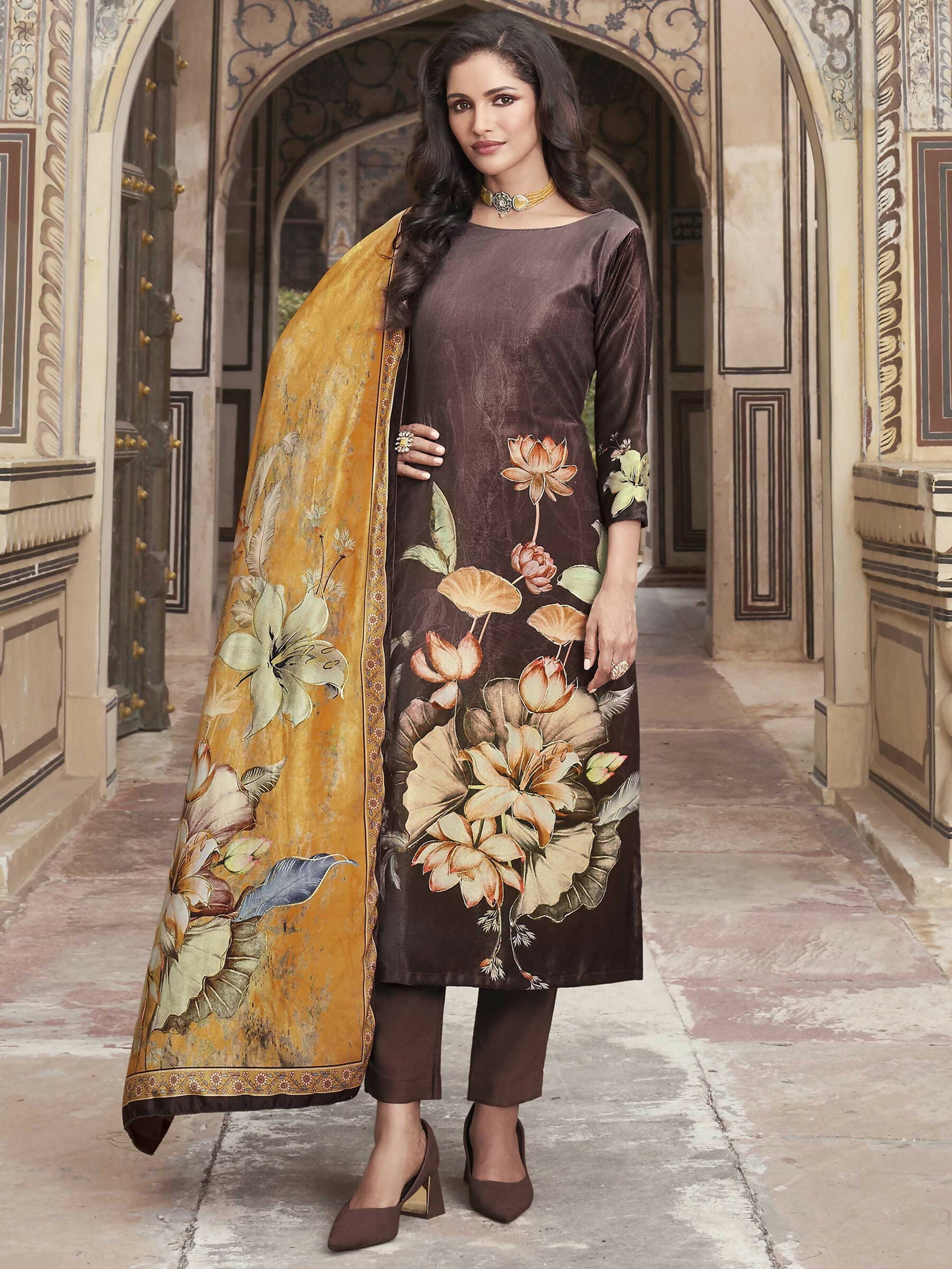 Jyoti Fashion Women's Brown Velvet Floral Digital Printed Kurta with Trouser & Dupatta
