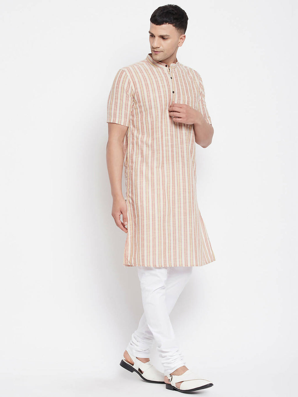 Even Apparels Yellow Pure Cotton Men's H/S Kurta With Band Collar