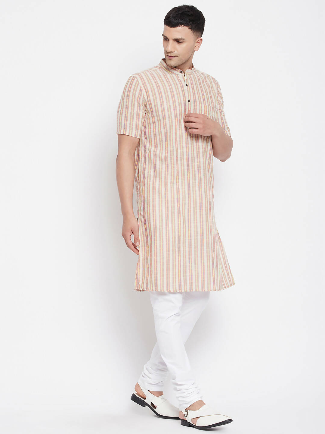 Even Apparels Yellow Pure Cotton Men's H/S Kurta With Band Collar