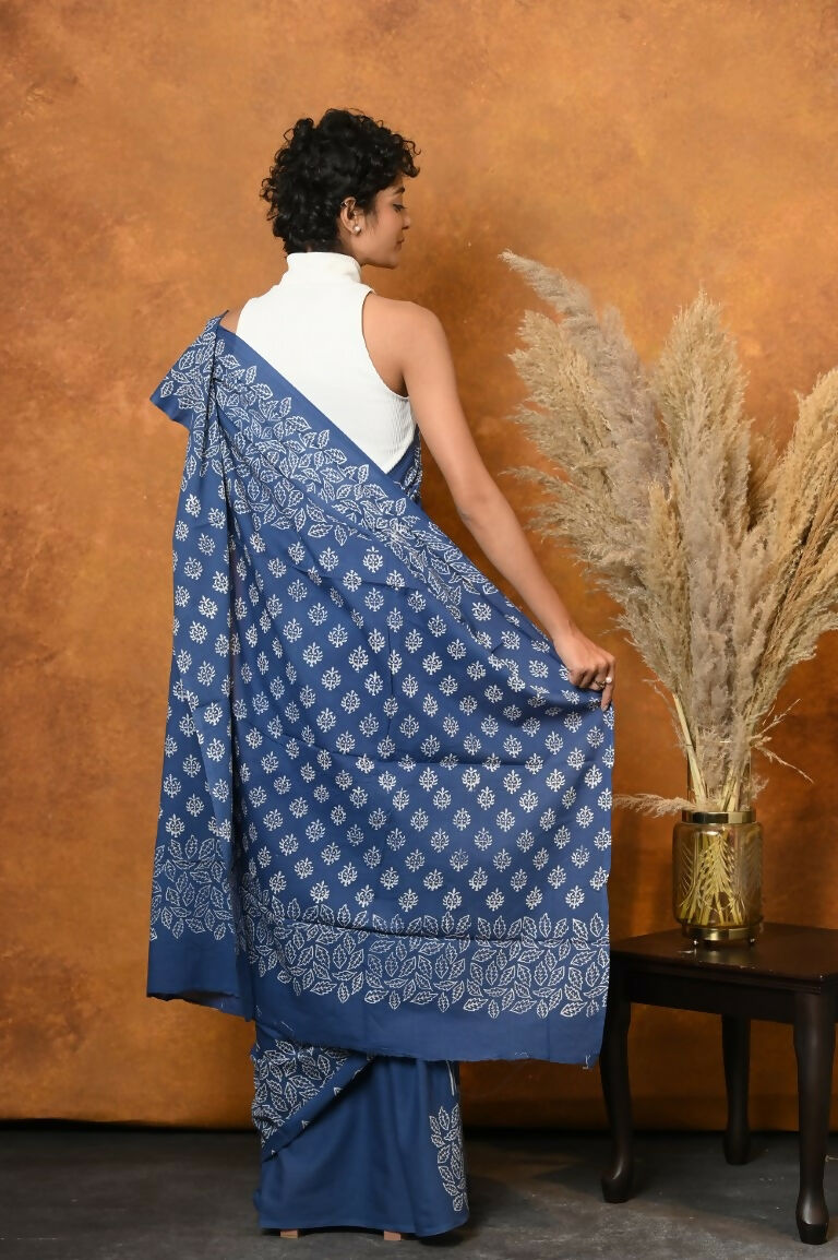 Very Much Indian Handblock Printed Cotton Saree With Natural Dyes - Cyan Blue